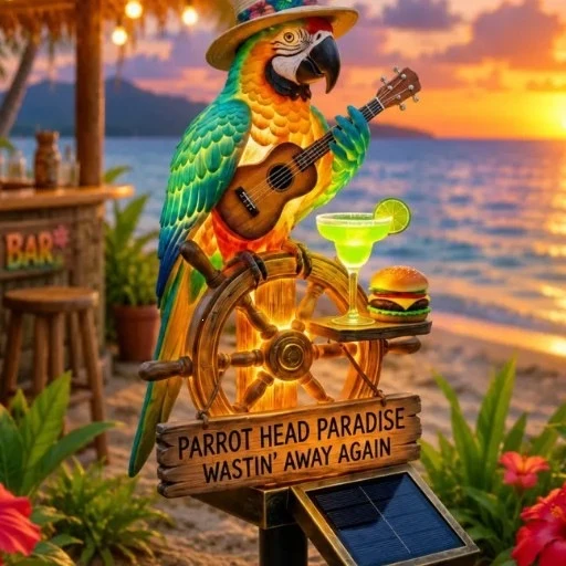 Decorative figure of a funny parrot with drink and guitar Stornfield