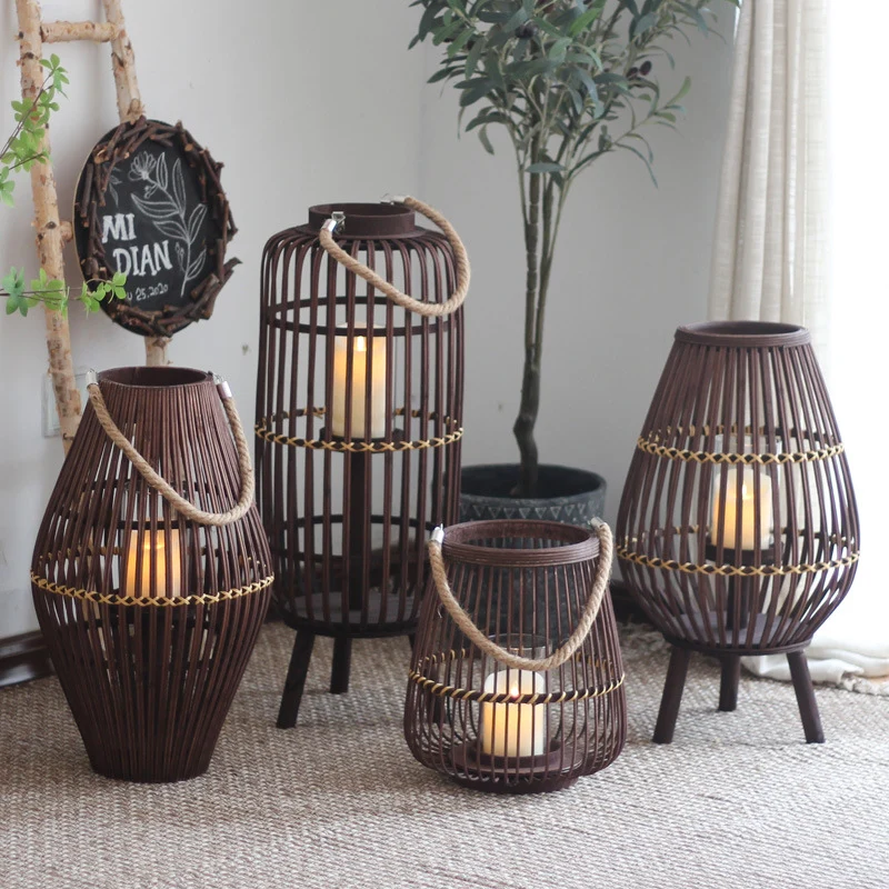 Stylish lantern made of rattan with wooden frame Stornfield