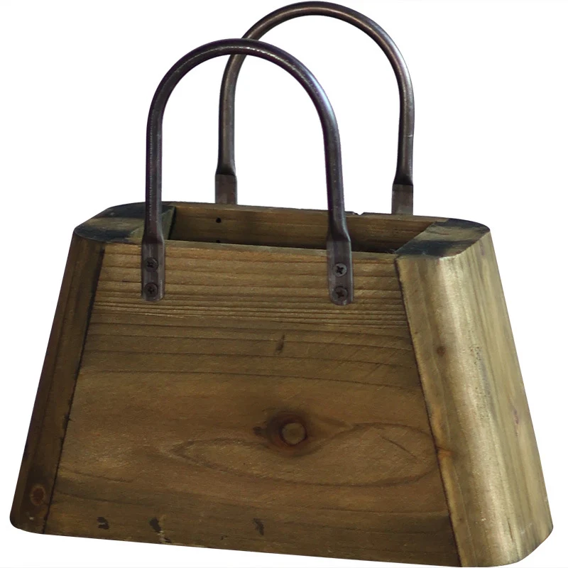 Handcrafted wooden basket with metal handles Stornfield
