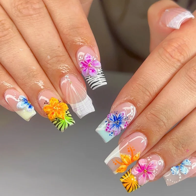 Tropical Floral Acrylic Nail Art Extensions Stornfield