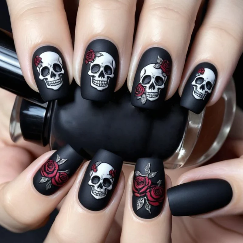Skull and Rose Acrylic Nail Art Extensions Stornfield