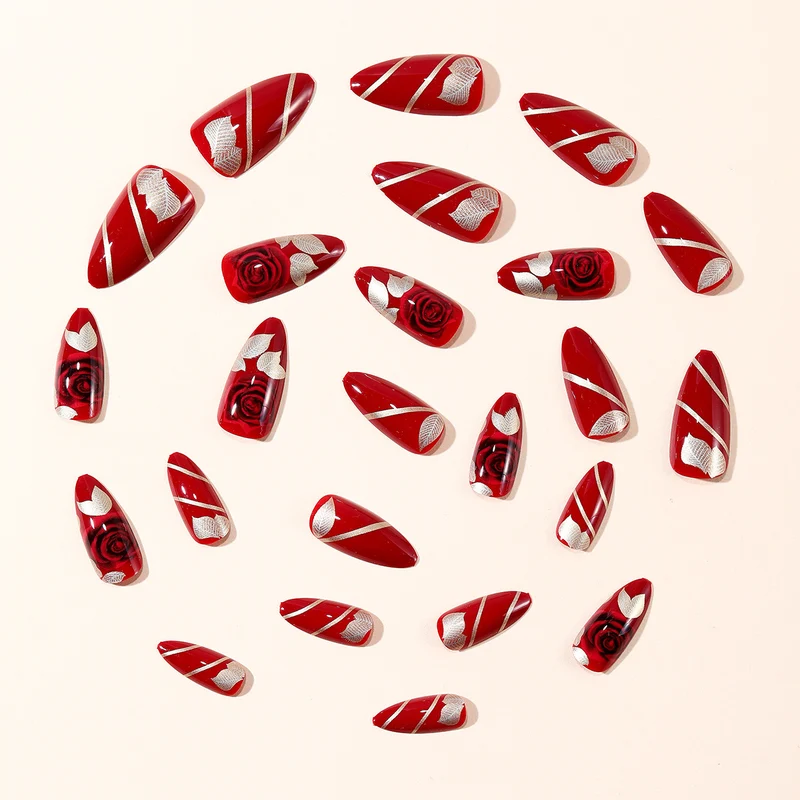 Rose-Accent Stiletto Nail Art Extensions Stornfield
