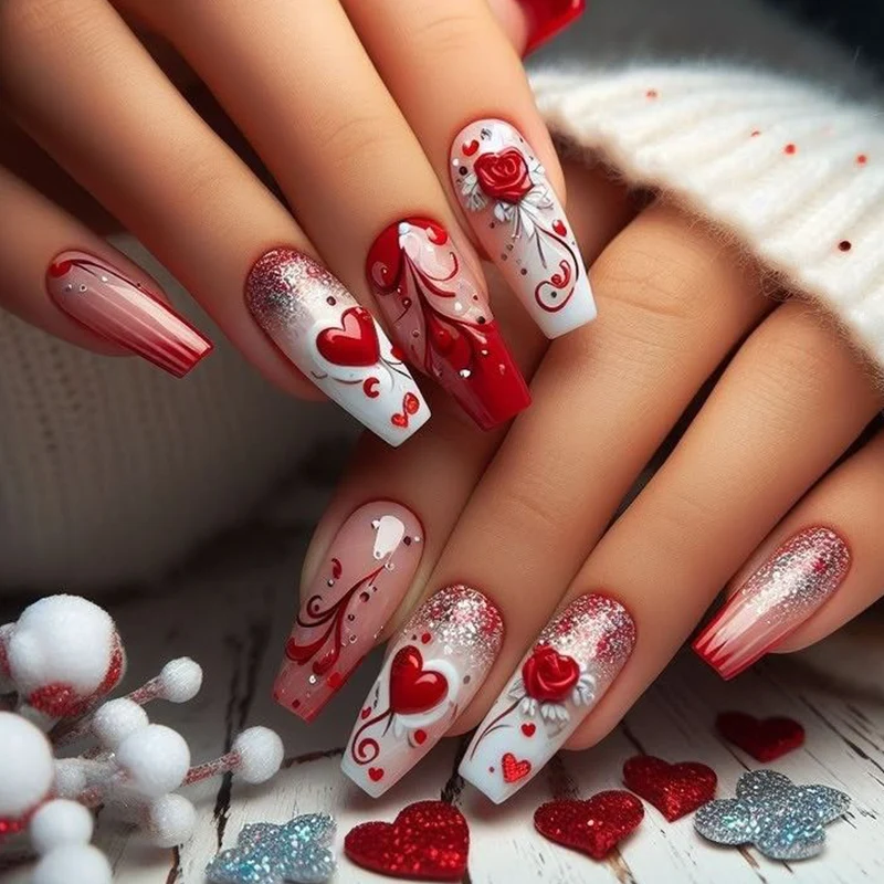 Romantic Heart-Themed Acrylic Nail Art Extensions Stornfield