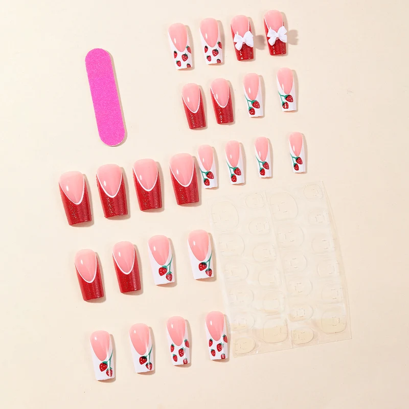 Strawberry Bow-Accent Acrylic Nail Art Extensions Stornfield