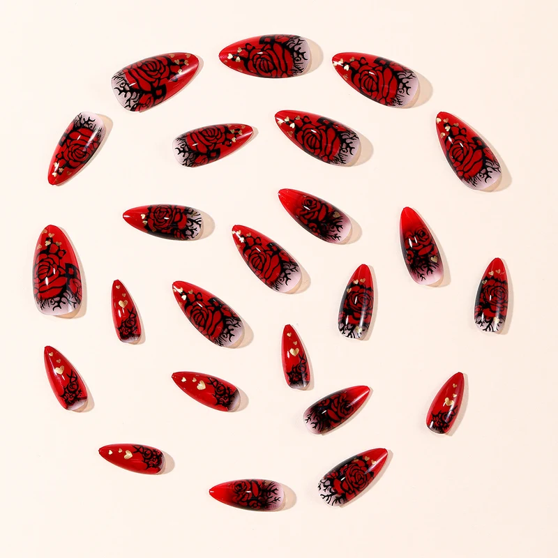Gothic Rose-Design Stiletto Nail Art Extensions Stornfield