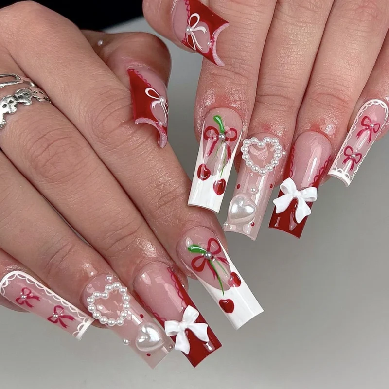 Festive Heart-Accent Acrylic Nail Art Extensions Stornfield