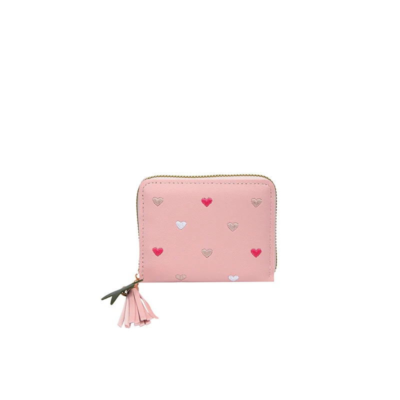 Compact Heart Patterned Zip Wallet