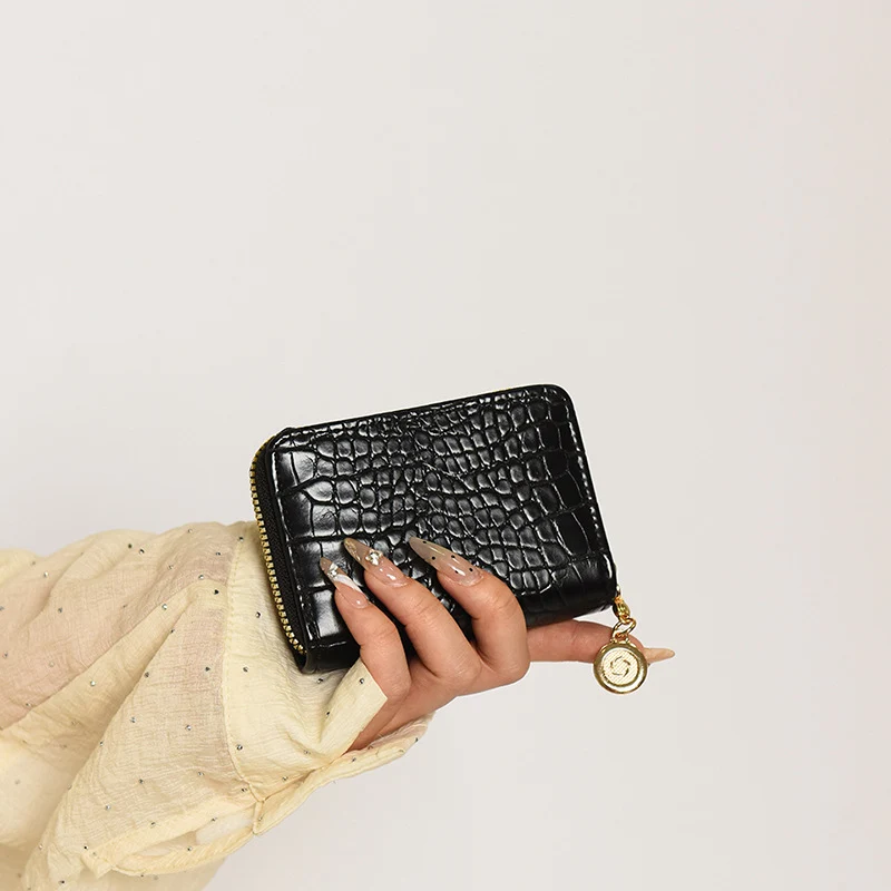Compact Crocodile-Textured Zipper Wallet