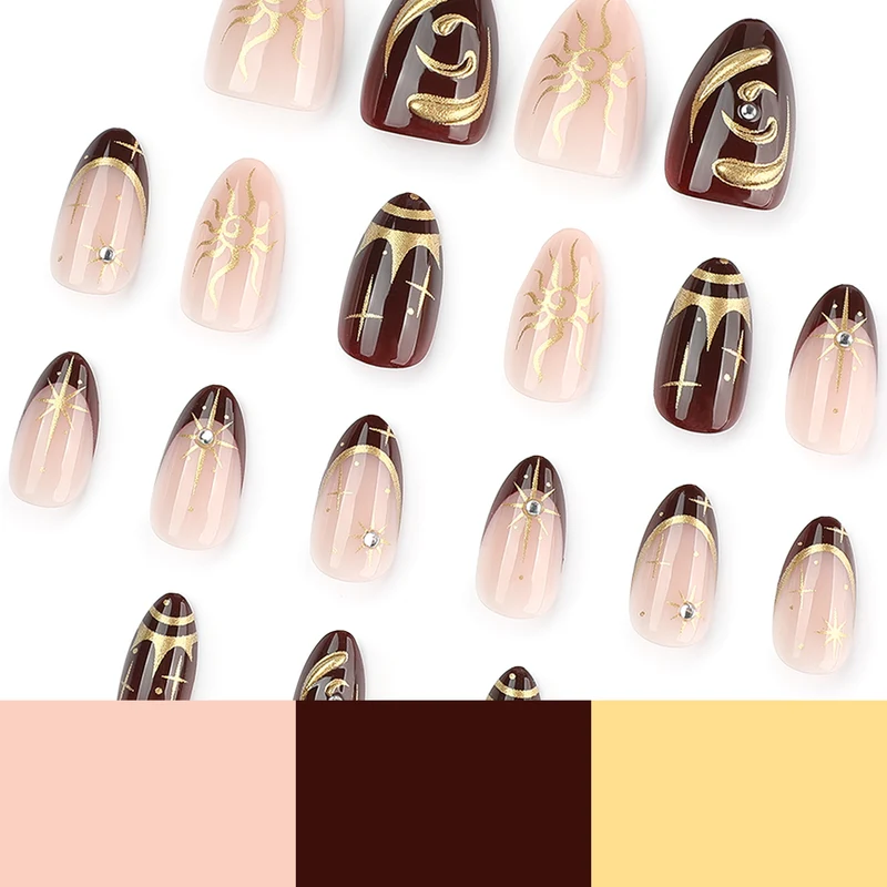 Kunstvolle Nagelkunst mit goldenen Akzenten und mystischen Motiven Karnz