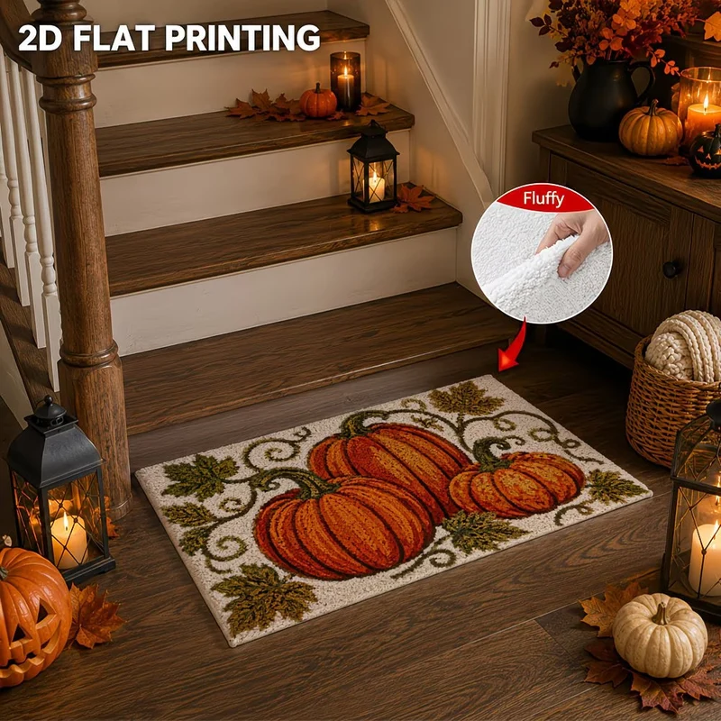 Halloween-Themed Cat and Pumpkin Decorative Doormat