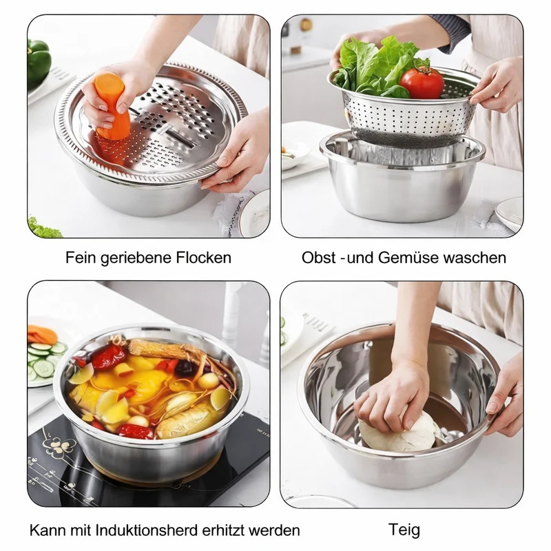 3-in-1 Rührschüssel-Set Edelstahl mit Reibe und Sieb | Karnz