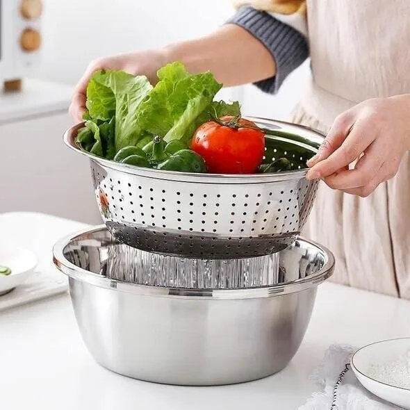 3-in-1 Rührschüssel-Set Edelstahl mit Reibe und Sieb | Karnz