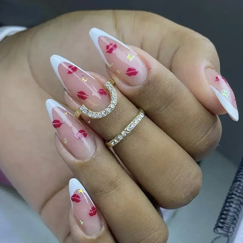 Elegant Kiss Print French Tip Nail Art Extensions Stornfield