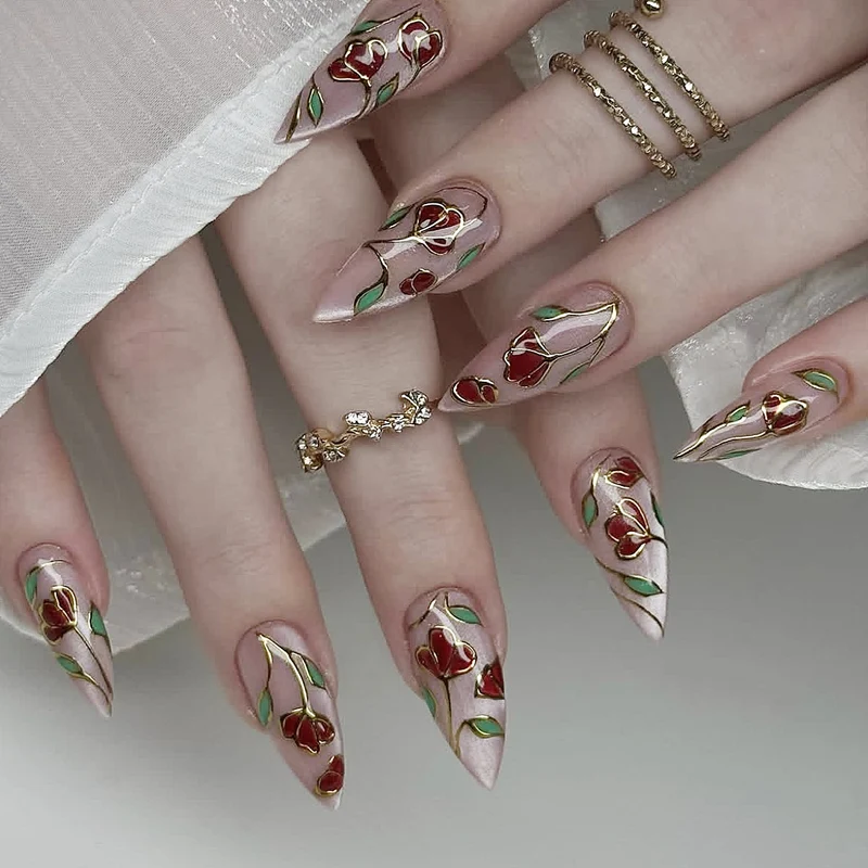 Elegant Floral Stiletto Nail Art Extensions Stornfield