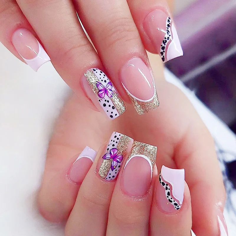 Elegant Floral Glitter Acrylic Nail Art Extensions Stornfield