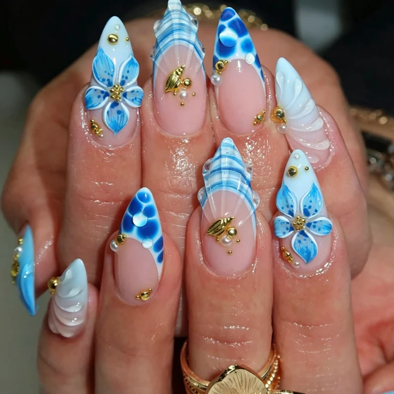 Elegant Floral Art Acrylic Nail Extensions Stornfield