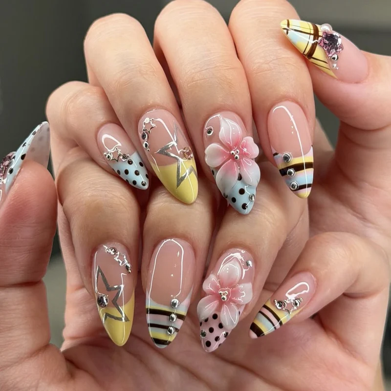Elegant Floral and Geometric 3D Nail Art Extensions Stornfield