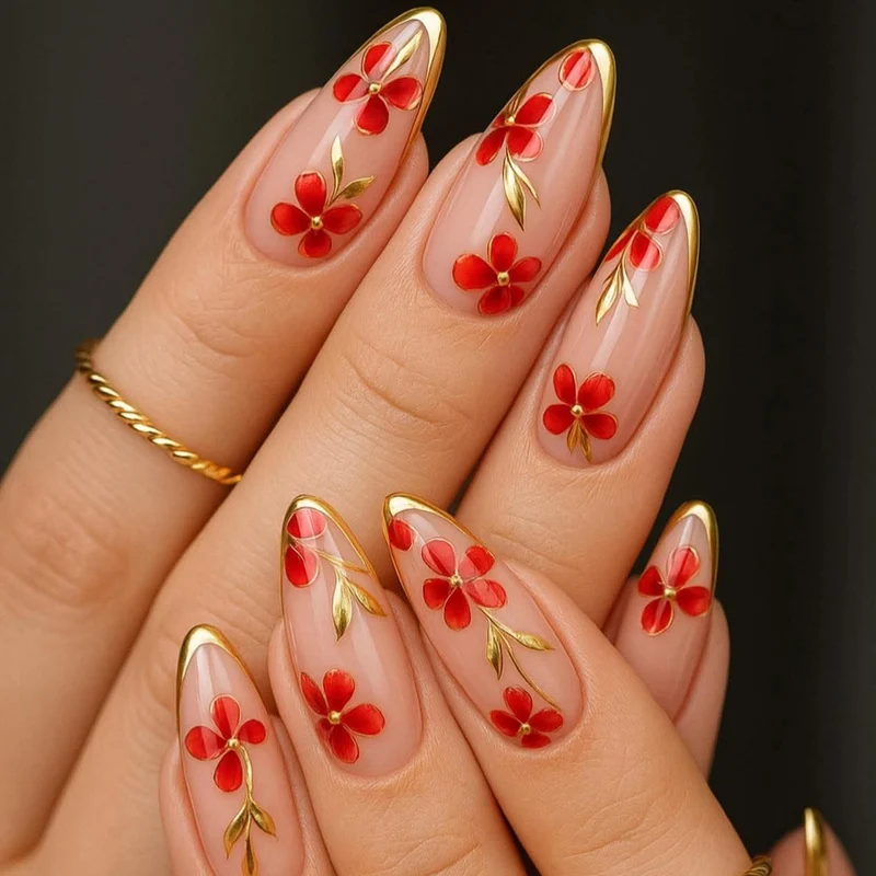 Elegant Floral Accent Stiletto Nail Art Extensions Stornfield 1789713324