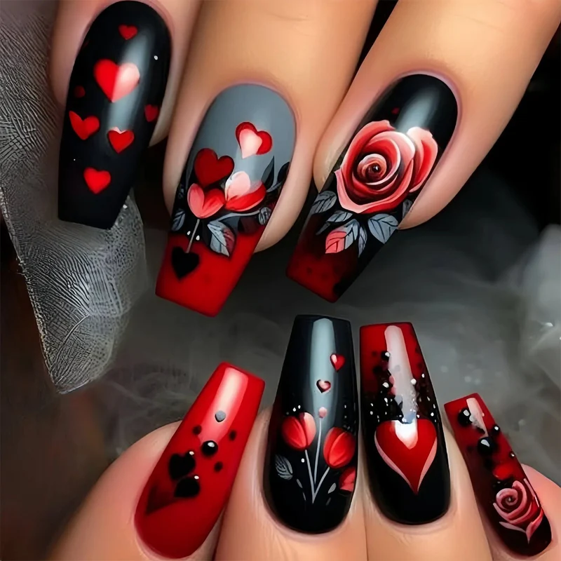 Elegant 3D Floral and Heart Acrylic Nail Art Extensions Stornfield
