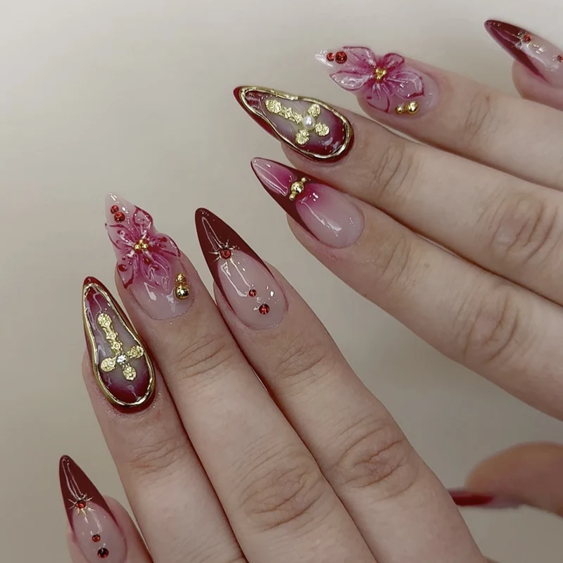 Elaborate Floral Accent Stiletto Nail Art Extensions Stornfield