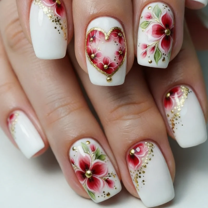 Artistic Floral Heart Acrylic Nail Art Stornfield