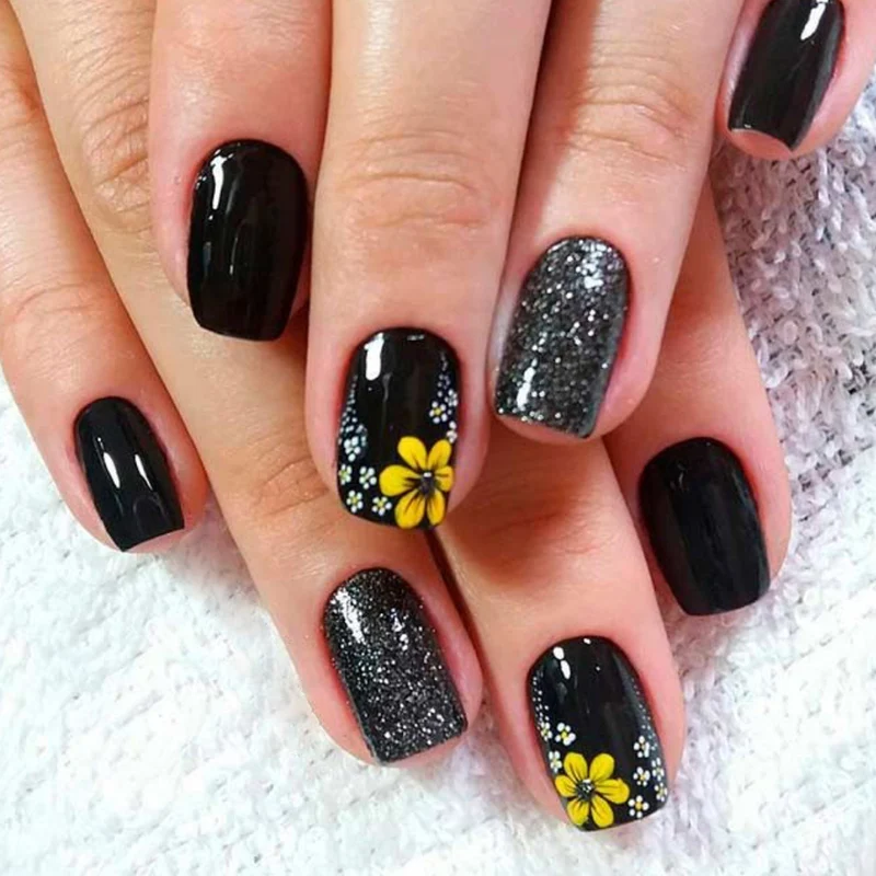 Artistic Floral and Glitter Nail Art Extensions Stornfield