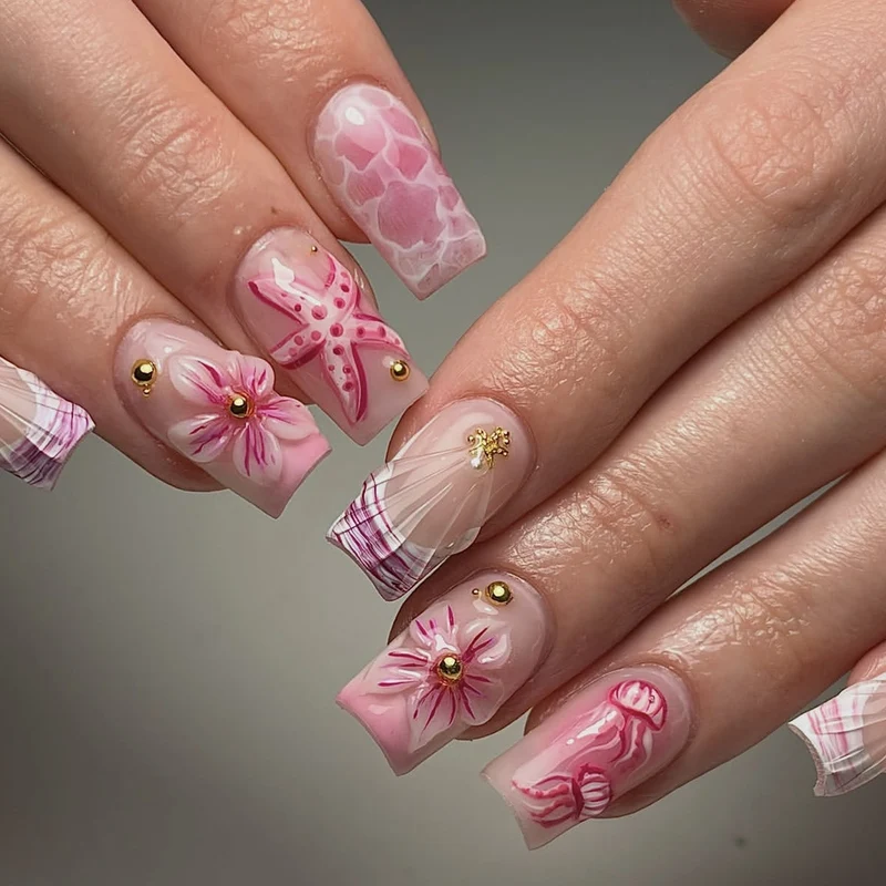 Artistic Floral Acrylic Nail Art Extensions Stornfield
