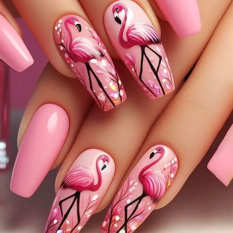 Artistic Flamingo Acrylic Nail Art Extensions Stornfield