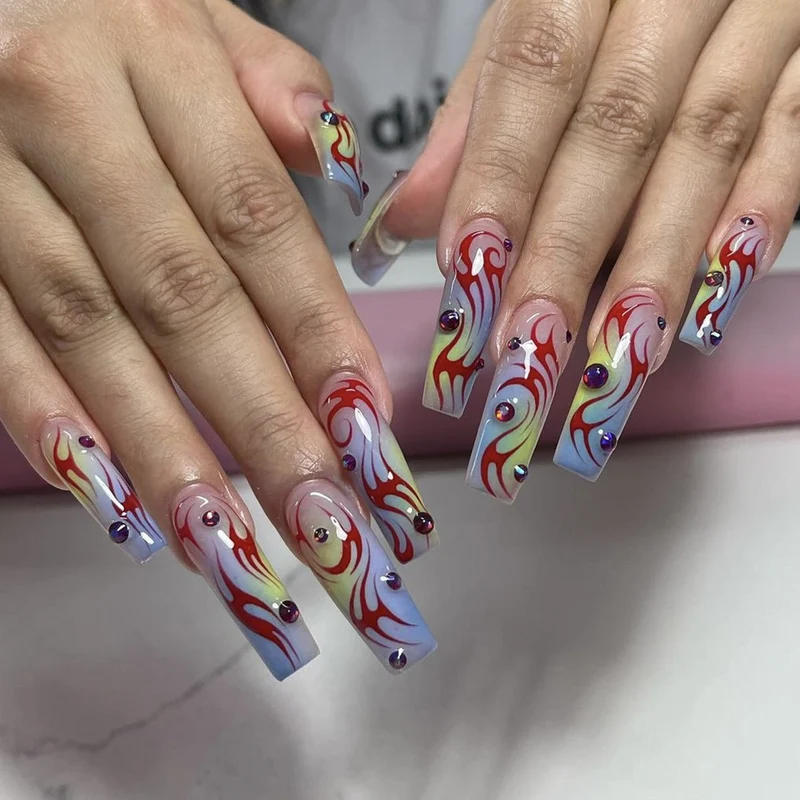 Artistic Flame-Design Acrylic Nail Art Extensions Stornfield
