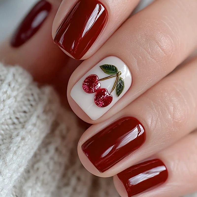 Artistic Cherry-Themed Nail Art Extensions Stornfield