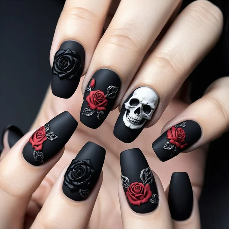 Artistic Skull and Rose Nail Art Extensions Stornfield