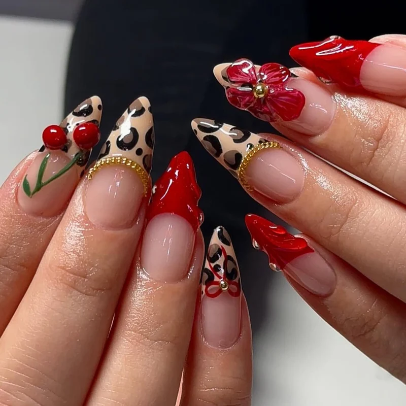 Artistic Leopard and Floral Stiletto Nail Art Extensions Stornfield