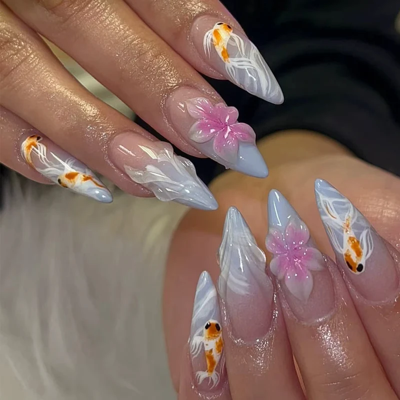 Artistic Koi Fish and Floral Nail Art Extensions Stornfield