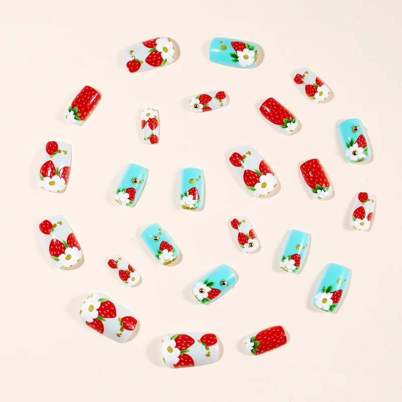 Artistic Strawberry Floral Acrylic Nail Art Extensions Stornfield