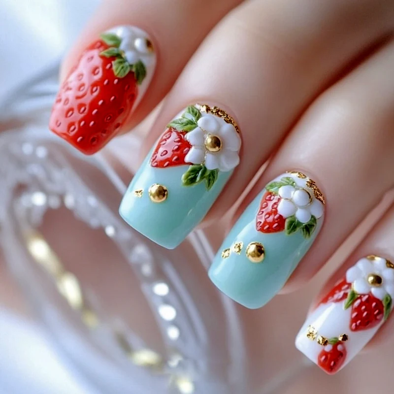 Artistic Strawberry Floral Acrylic Nail Art Extensions Stornfield