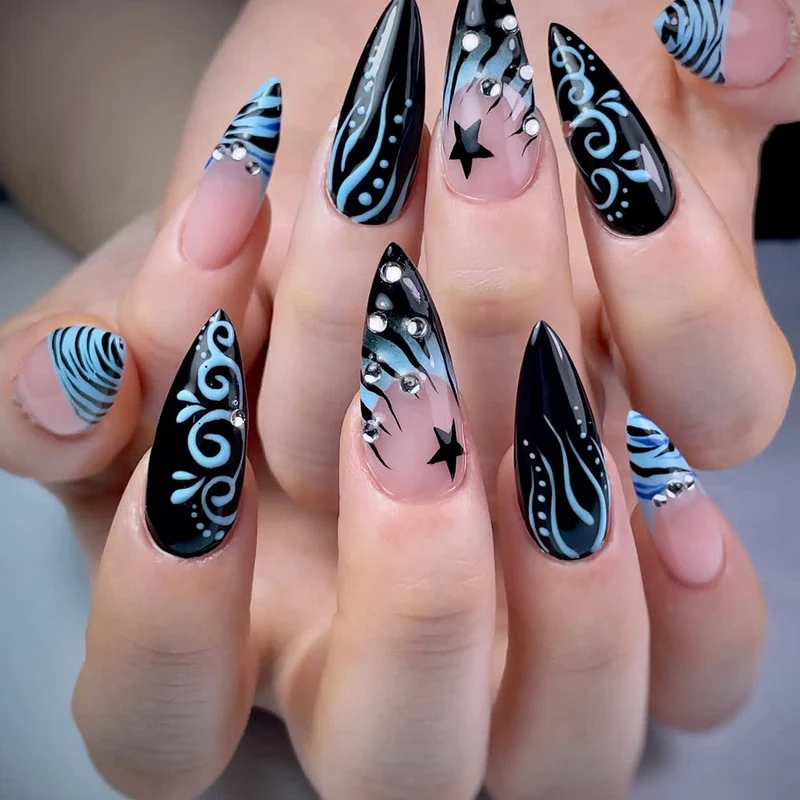 Artistic Stiletto Nail Art Extensions with Rhinestone Accents Stornfield