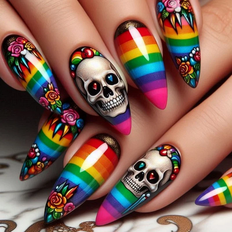 Artistic Skull-Themed Stiletto Nail Art Extensions Stornfield