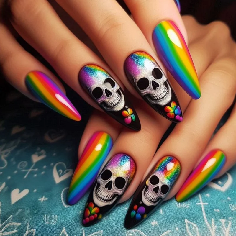 Artistic Skull-Themed Stiletto Nail Art Extensions Stornfield