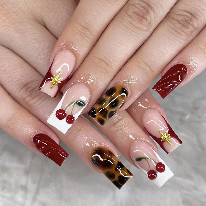 Artistic Cherry Accent Acrylic Nail Art Extensions Stornfield