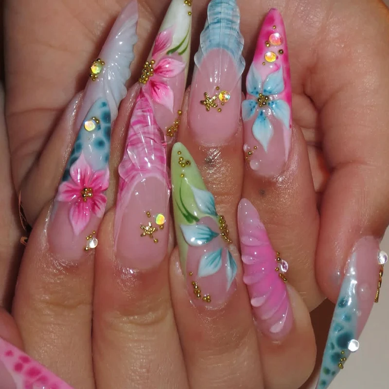 Artistic 3D Floral Acrylic Nail Extensions Stornfield