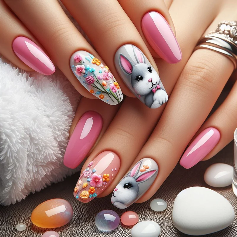 Artistic 3D Bunny and Floral Nail Art Stornfield