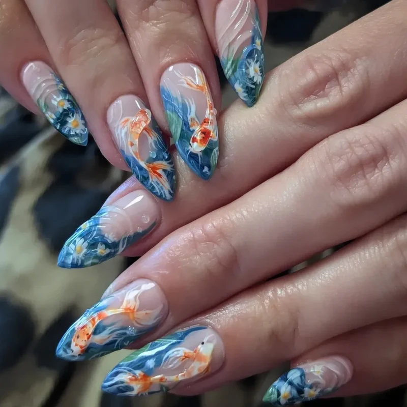 3D Koi Fish Art Stiletto Nail Extensions Stornfield