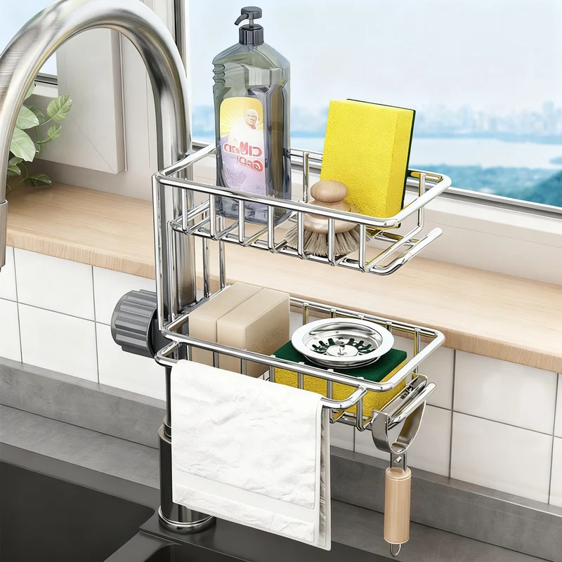 Stainless steel sink and faucet storage basket