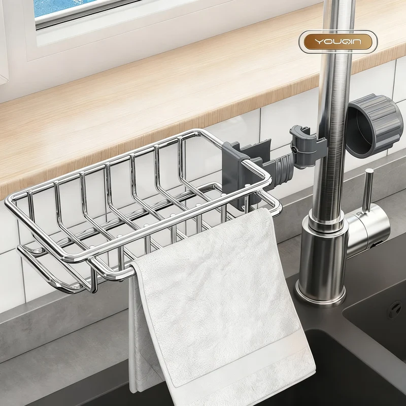 Stainless steel sink and faucet storage basket
