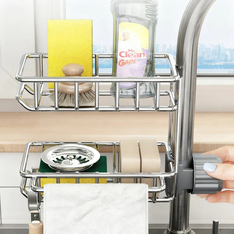 Stainless steel sink and faucet storage basket