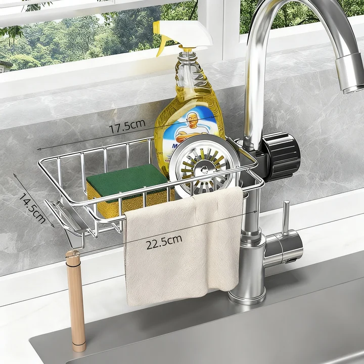 Stainless steel sink and faucet storage basket