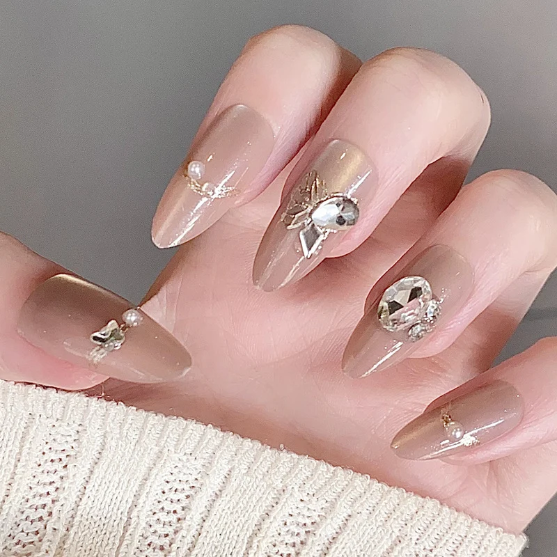 Glamorous Press-On Nail Set with Decorative Gemstone Accents Stornfield
