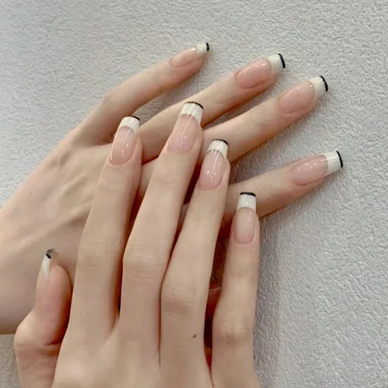 French Tip Press-On Nails with Elegant Black Detailing Stornfield