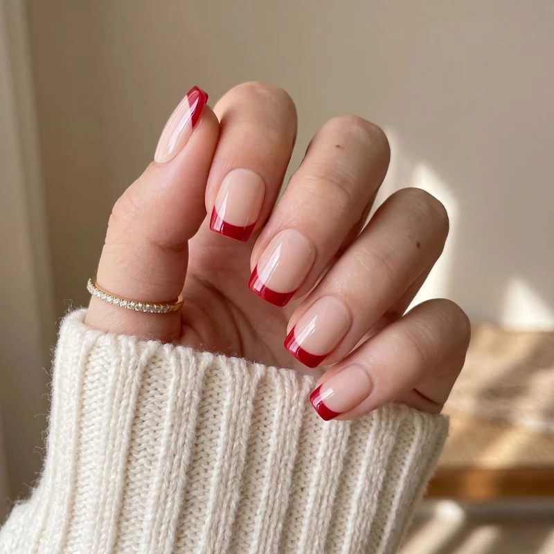 French Tip Nail Art with Elegant Red Accents Stornfield