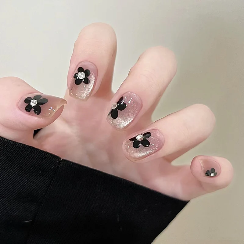 Floral-Designed Press-On Nails with Gemstone Accents Stornfield